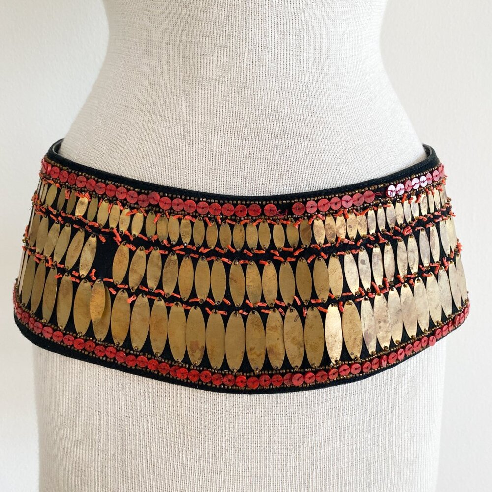 Vintage Oscar De La Renta Couture Beaded Embroidered Leather Wide Belt Gold